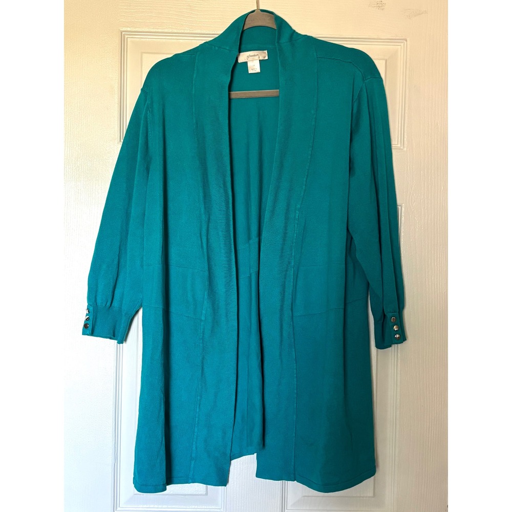 CJ Banks Teal Blue Open Front Cardigan Silver Button Cuff Knit Sweater 1X